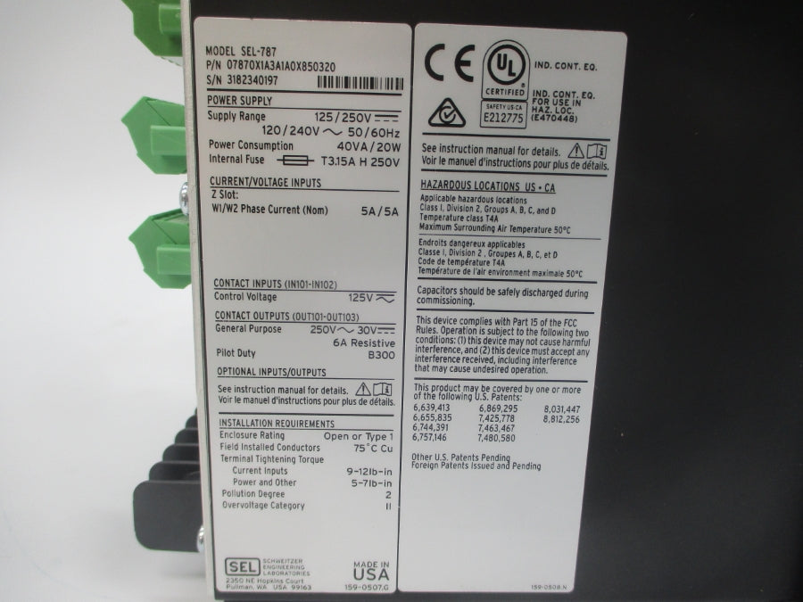 SEL SEL-787 07870X1A3A1A0X850320 125/250V 5A NSMP