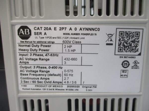 INDUSTRIAL SPARE PART 20AE2P7A0AYNNNC0 SER. A F/W 5.001 432-660VAC 3A NSMP
