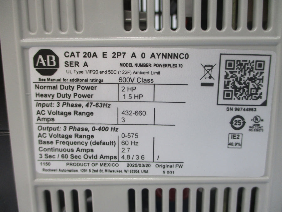 INDUSTRIAL SPARE PART 20AE2P7A0AYNNNC0 SER. A F/W 5.001 432-660VAC 3A NSMP