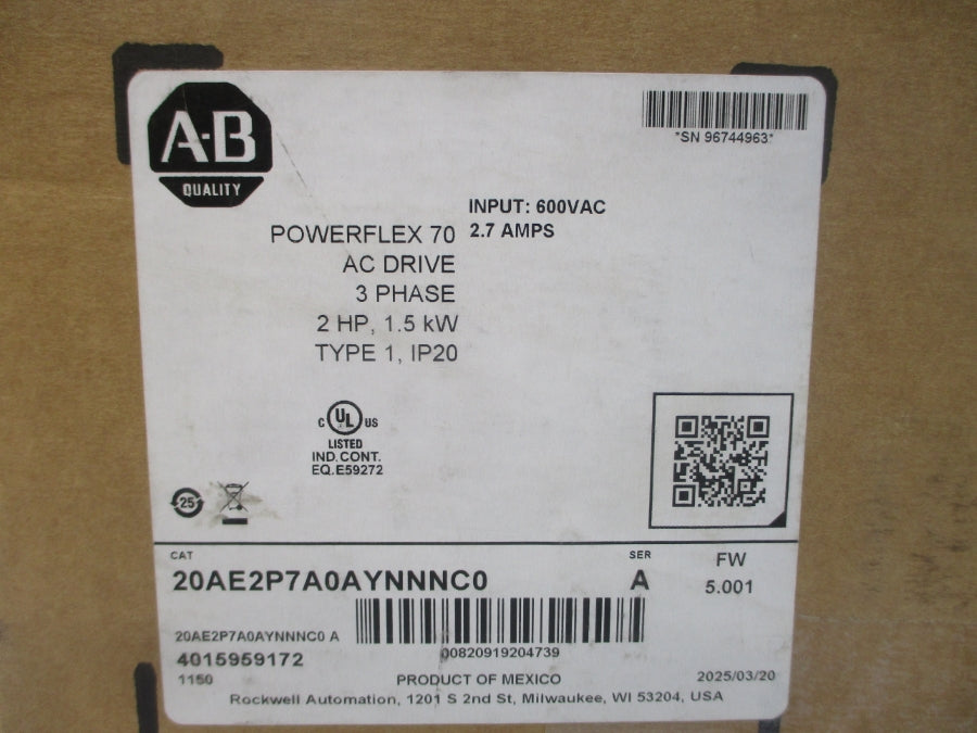 INDUSTRIAL SPARE PART 20AE2P7A0AYNNNC0 SER. A F/W 5.001 432-660VAC 3A NSMP