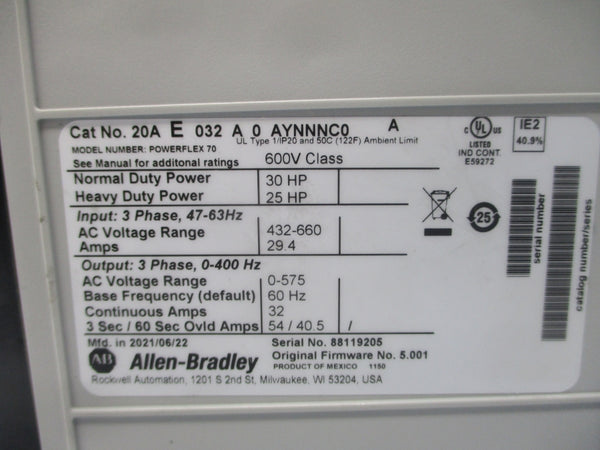 INDUSTRIAL SPARE PART 20AE032A0AYNNNC0 SER. A F/W 5.001 432-660VAC 29.4A UNMP