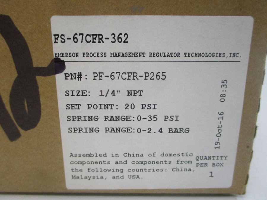 FISHER PF-67CFR-P265 FS-67CFR-362  0-35PSI 1/4" NSFS