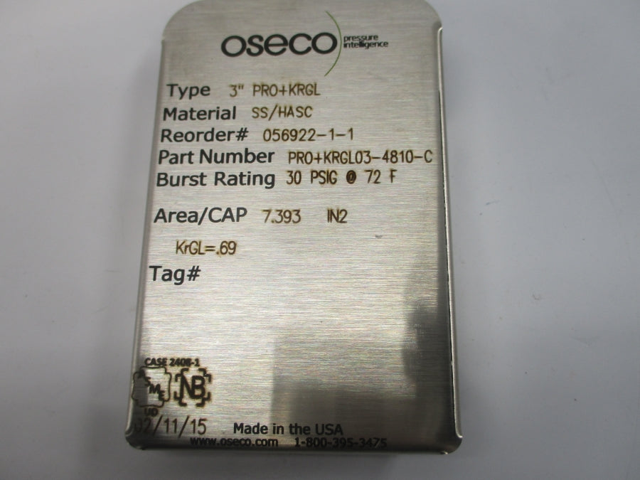 OSECO PRO+KRGL03-4810-C PRO+KRGL 30PSI 72'F 3" NSMP