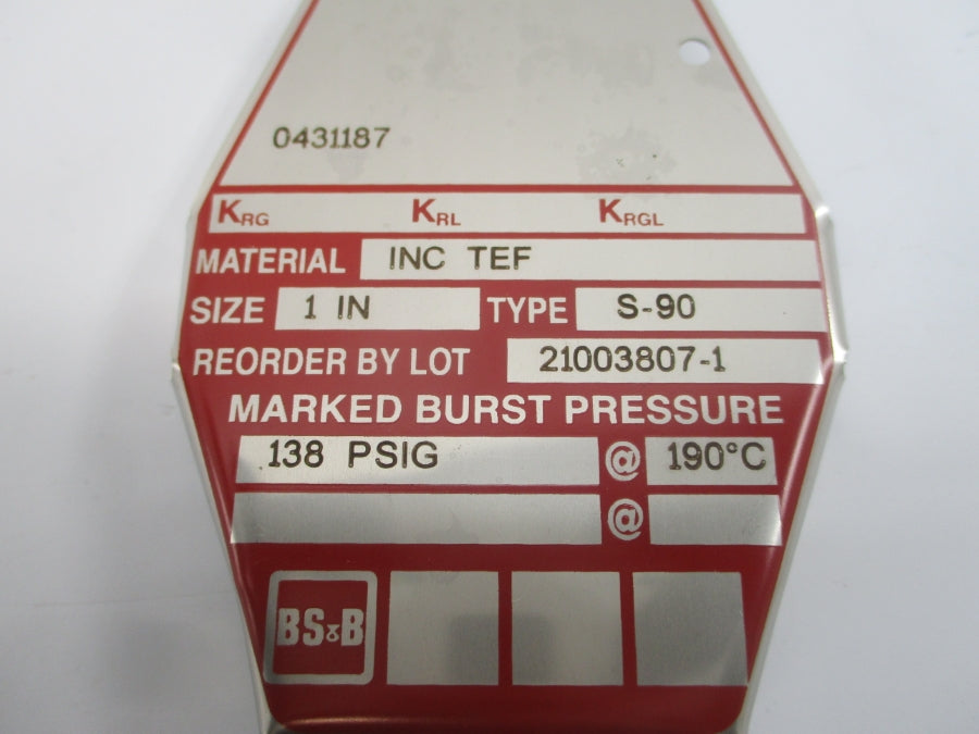 BS&B SAFETY SYSTEMS 0431187 S-90 138PSI 190'C 1" NSMP