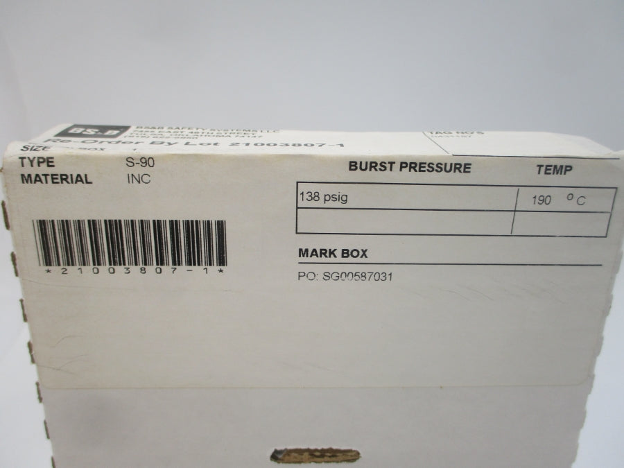 BS&B SAFETY SYSTEMS 0431187 S-90 138PSI 190'C 1" NSMP
