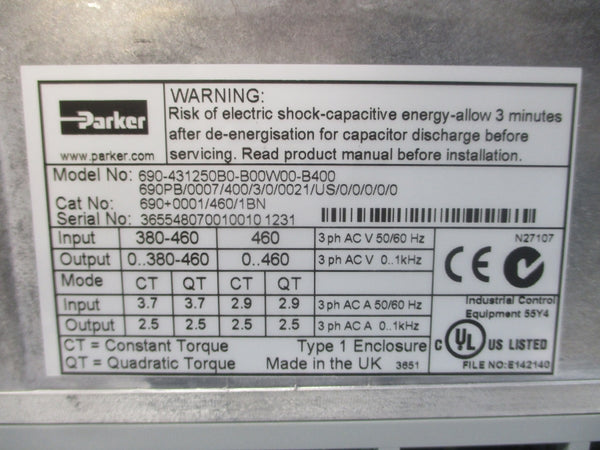 PARKER 690+0001/460/1BN 690-431250B0-B00W00-B400 380-460VAC 3.7A UNMP