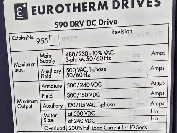 EUROTHERM 590S/0350/9/1/0/00 955LBR22 220-500VAC 32A UNMP