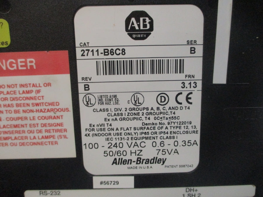 INDUSTRIAL SPARE PART 2711-B6C8 SER. B F/W 3.13 100-240VAC 0.6-0.35A REV. B NSMP
