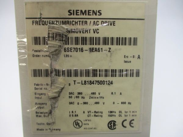 SIEMENS 6SE7016-1EA61-Z 380-480VAC 6.1A (AS PICTURED) UNMP