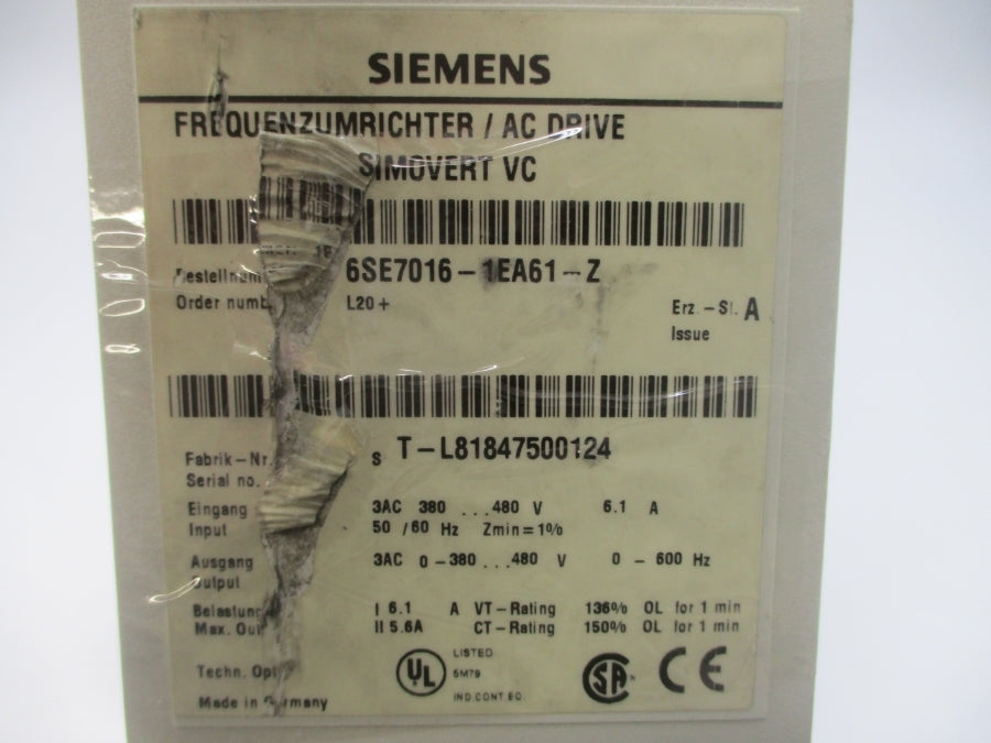 SIEMENS 6SE7016-1EA61-Z 380-480VAC 6.1A (AS PICTURED) UNMP