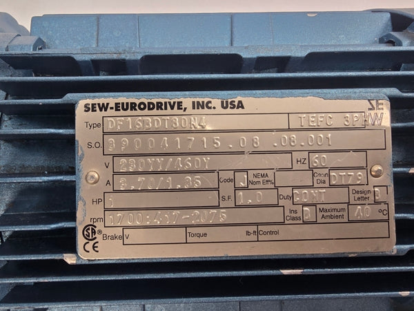 SEW-EURODRIVE DF16BDT80N4 230/460V 3.70/1.85A NSNP