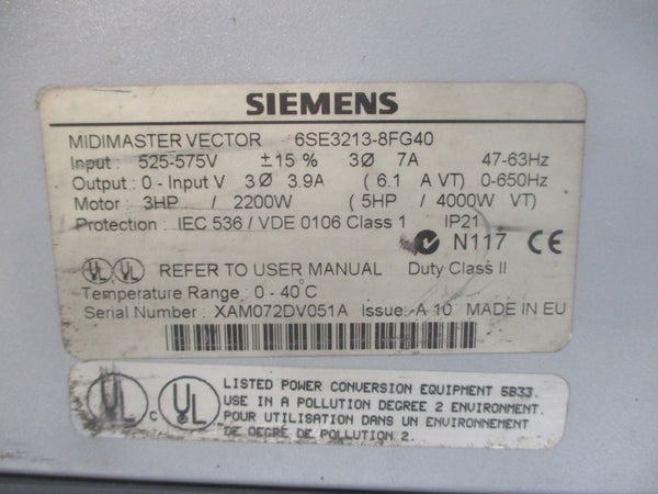 SIEMENS 6SE3213-8FG40 525-575V 7A (AS PICTURED) UNMP