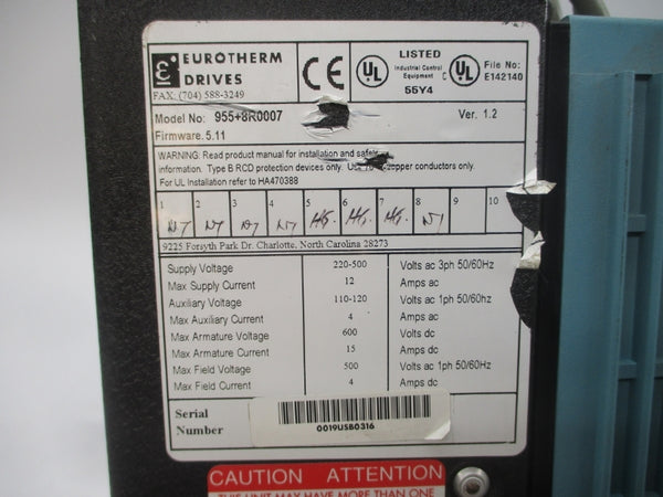 EUROTHERM DRIVES 955+8R0007 F/W 5.11 220-500VAC 12A (NO COVER) UNMP