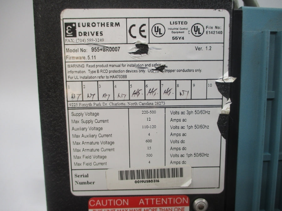 EUROTHERM DRIVES 955+8R0007 F/W 5.11 220-500VAC 12A (NO COVER) UNMP