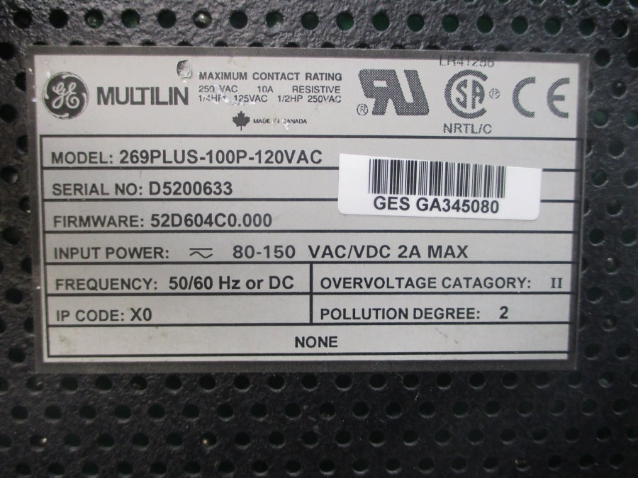 GE MULTILIN 269PLUS-100P-120VAC F/W 52D604C0.000 80-150VAC 2A UNMP