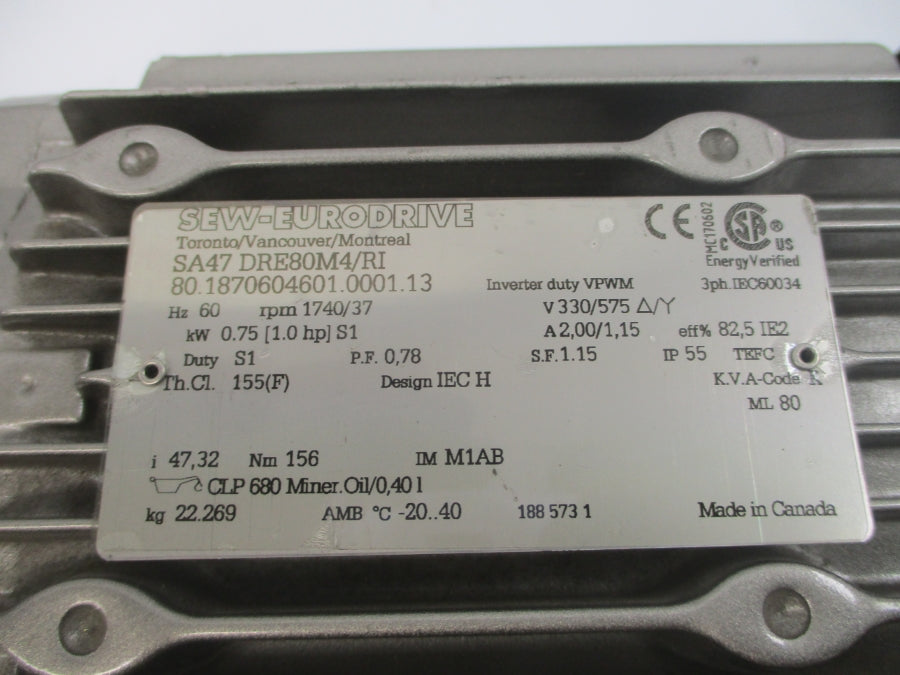 SEW-EURODRIVE SA47DRE80M4/RI 330/575V 2.00/1.15A NSNP