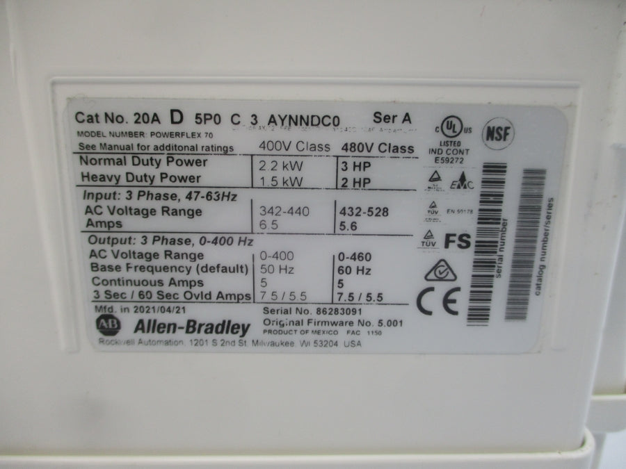 INDUSTRIAL SPARE PART 20AD5P0C3AYNNDC0 SER. A F/W 5.001 432-528VAC 5.6A NSNP