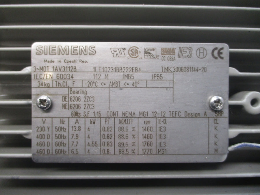 SIEMENS 1AV3112B 1LE10231BB222FB4 230-400/460V 13.8-7.9/7.7-6.5A NSNP
