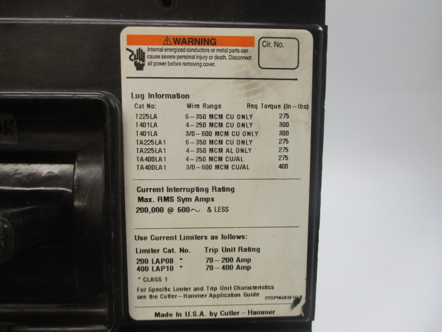 CUTLER HAMMER LA3400PRF 5685D80G02 600VAC 400A NSNP