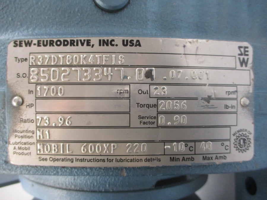SEW EURODRIVE R37DT80K4TFIS DFT80K4TFIS 266/460V 2.50/1.45A NSNP