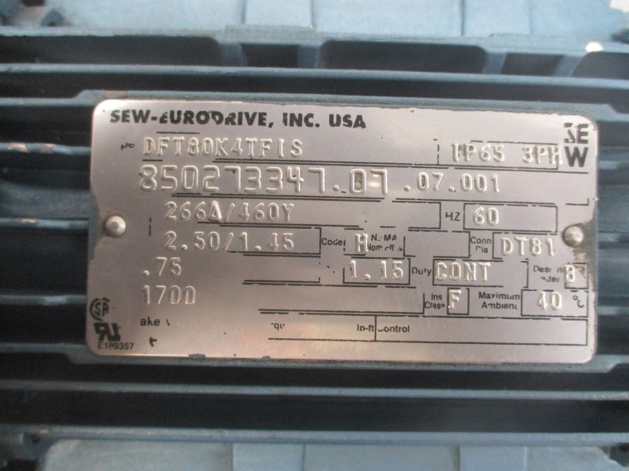 SEW EURODRIVE R37DT80K4TFIS DFT80K4TFIS 266/460V 2.50/1.45A NSNP
