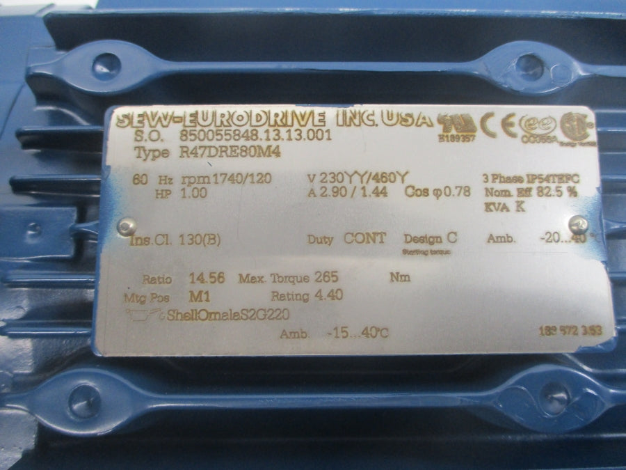SEW EURODRIVE R47DRE80M4 230/460V 2.90/1.44A NSNP