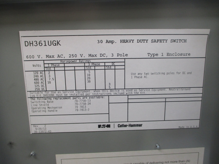 EATON DH361UGK 600VAC 30A NSMP