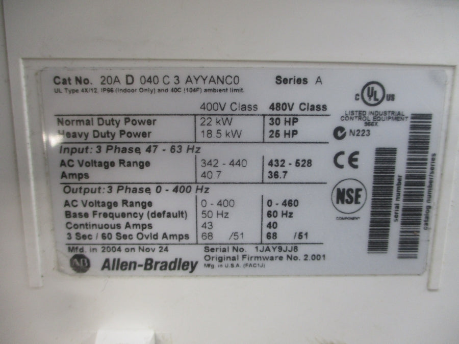 INDUSTRIAL SPARE PART 20AD040C3AYYANC0 SER. A F/W 2.001 432-528VAC 36.7A UNMP