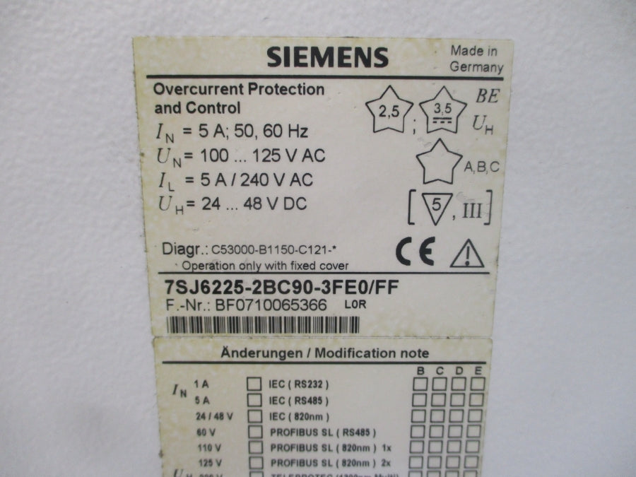 SIEMENS 7SJ6225-2BC90-3FE0/FF 240VAC 5A UNMP