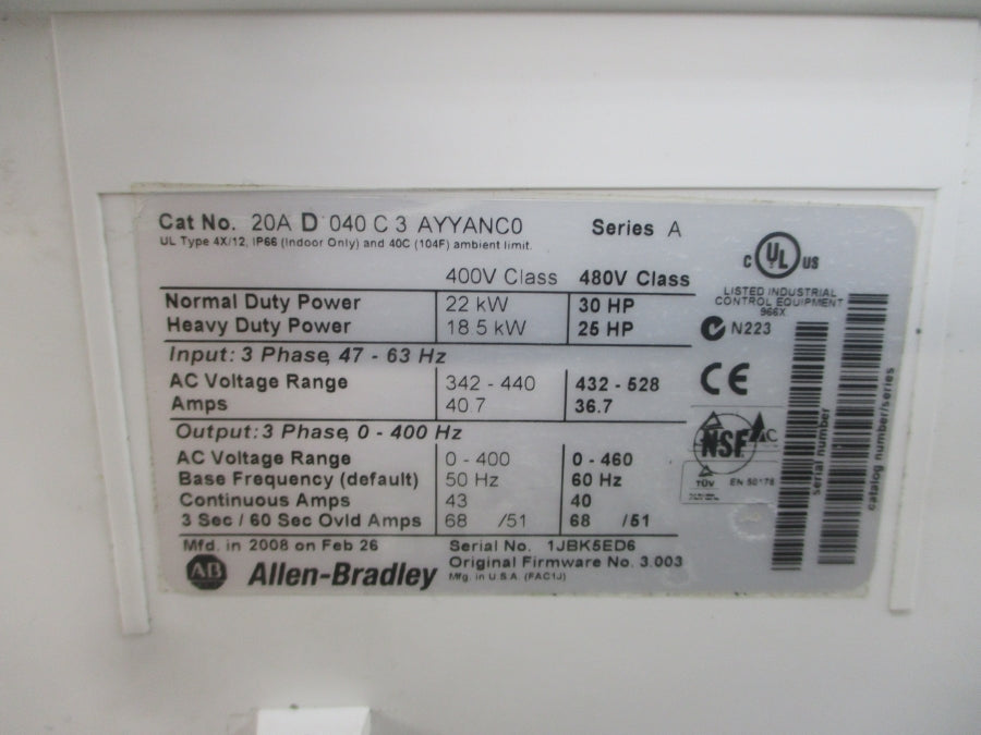 INDUSTRIAL SPARE PART 20AD040C3AYYANC0 SER. A F/W 3.003 (AS PICTURED) UNMP