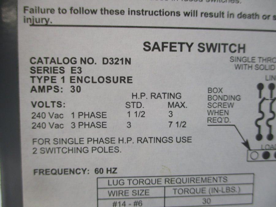 SQUARE D D321N SER. E3 240VAC 30A NSNP