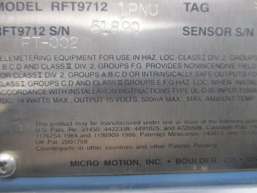 MICRO MOTION RFT97121PNU 15V NSNP