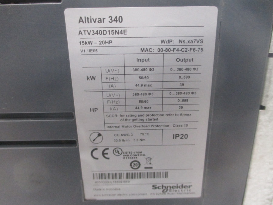 SCHNEIDER ELECTRIC ATV340D15N4E 380-480V 44.9A NSNP