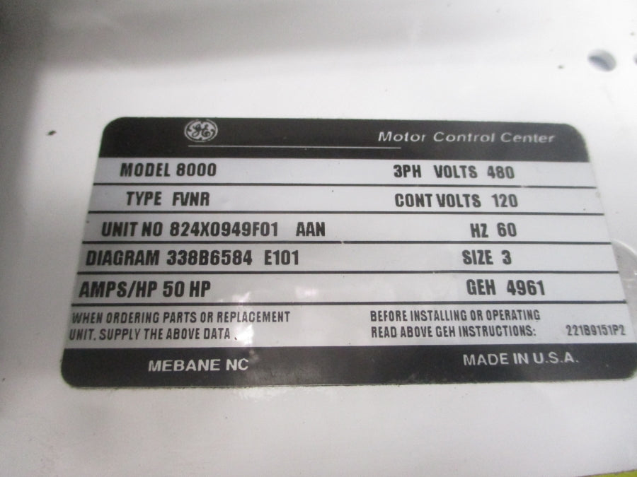 GENERAL ELECTRIC 8000 FVNR 824X0949F01 480V UNMP