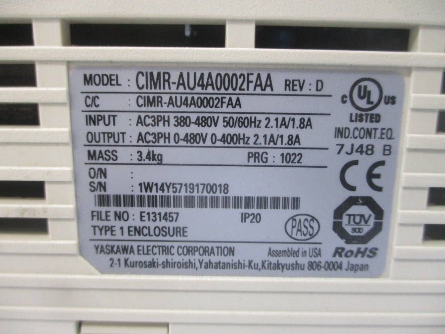 YASKAWA CIMR-AU4A0002FAA 380-480VAC 2.1/1.8A REV. D UNMP