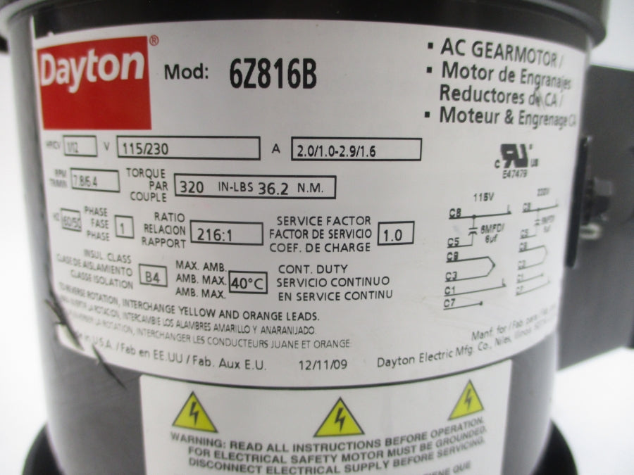 DAYTON 6Z816B 115/230VAC 2.0/1.0-2.9/1.6A NSNP