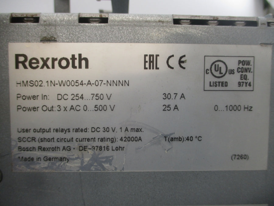 REXROTH HMS02.1N-W0054-A-07-NNNN R9011309079 254-750VDC 30.7A (NO COVER) UNMP
