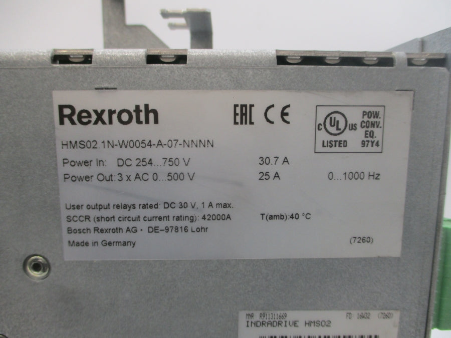 REXROTH HMS02.1N-W0054-A-07-NNNN R911309079 254-750VDC 30.7A UNMP