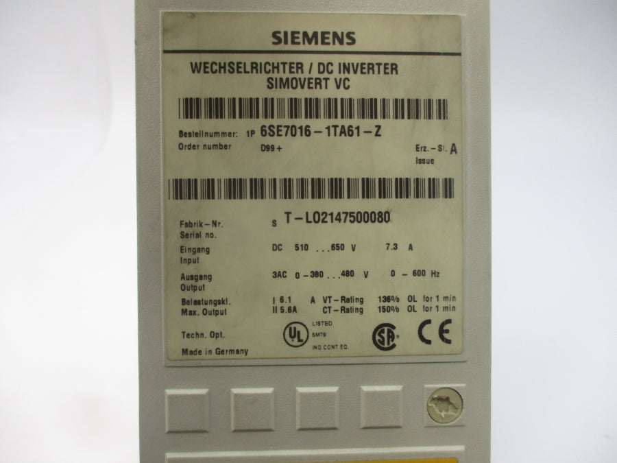 SIEMENS 6SE7016-1TA61-Z 510-650VDC 7.3A UNMP