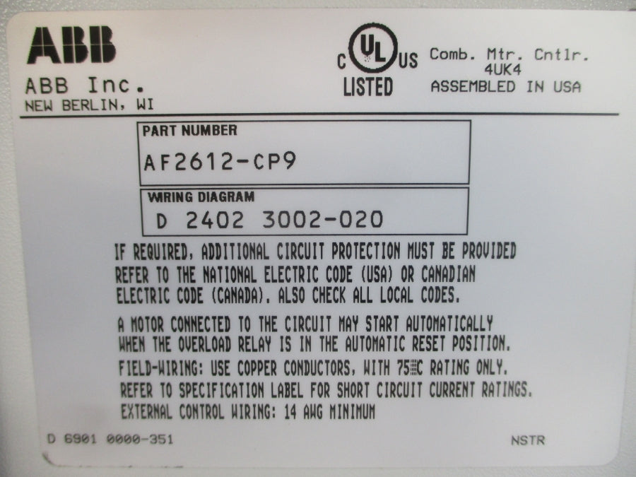 ABB AF2612-CP9 120VAC 50A NSMP