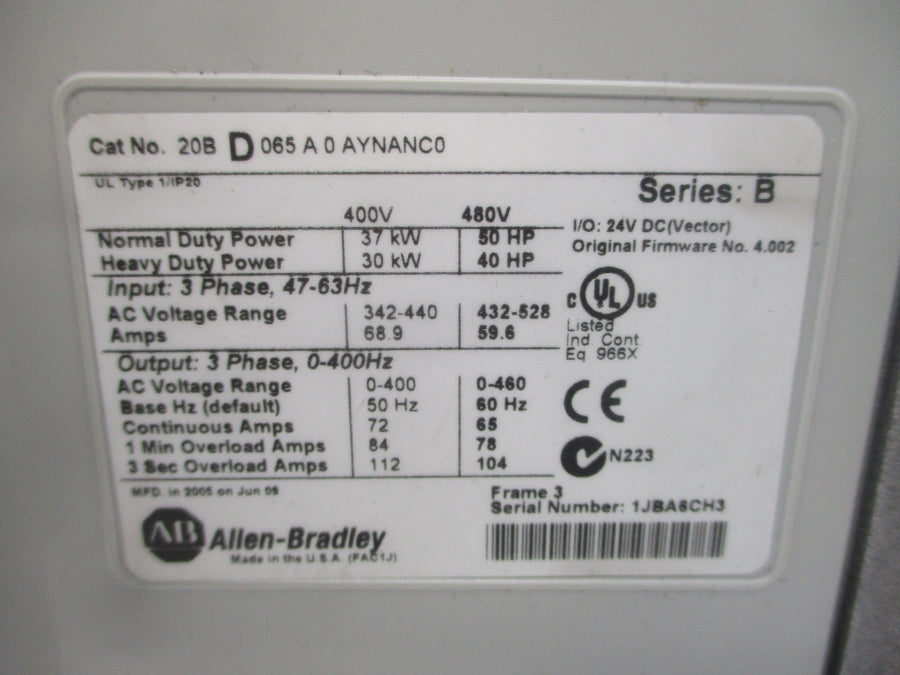 INDUSTRIAL SPARE PART 20BD065A0AYNANC0 SER. B F/W 4.002 432-528VAC 59.6A NSNP