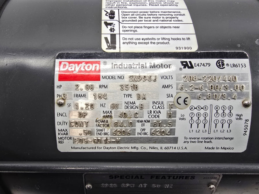 DAYTON 2N996J 208-220/440V 6.2-6.00/3.00A NSNP