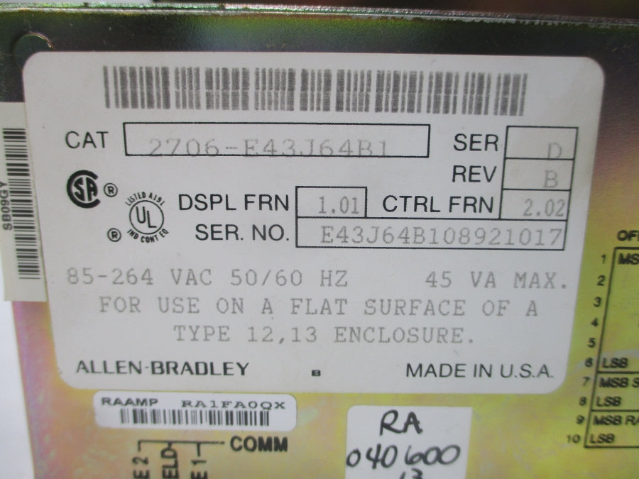 INDUSTRIAL SPARE PART 2706-E43J64B1 SER. D F/W 2.02 85-264VAC REV. B REMAN