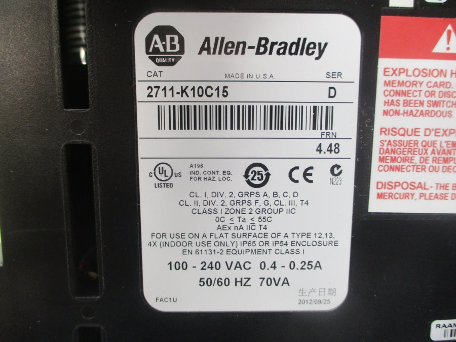 INDUSTRIAL SPARE PART 2711-K10C15 SER. D F/W 4.48 100-240VAC 0.4-0.25A REMAN