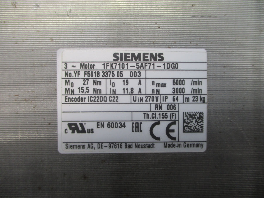 SIEMENS 1FK7101-5AF71-1DG0 270V 19/11.8A (AS PICTURED) NSNP