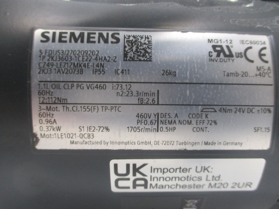 SIEMENS 2KJ3603-1CE22-4HA2-Z 230/400-460V 1.77/1.02-0.96A NSNP