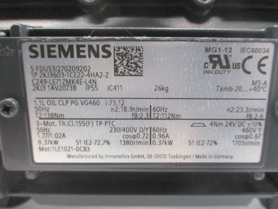 SIEMENS 2KJ3603-1CE22-4HA2-Z 230/400-460V 1.77/1.02-0.96A NSNP