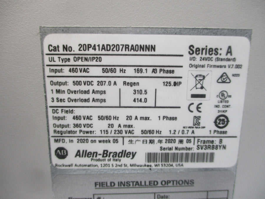 INDUSTRIAL SPARE PART 20P41AD207RA0NNN SER. A F/W V.7.002 460VAC 20A NSNP