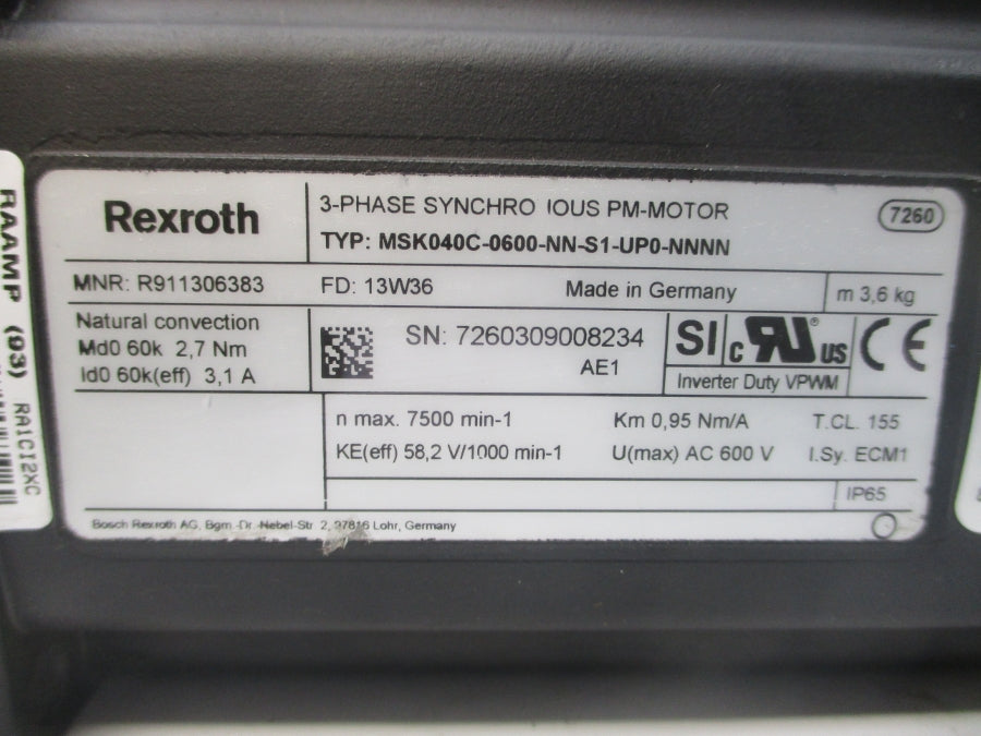 REXROTH MSK040C-0600-NN-S1-UP0-NNNN R911306383 600VAC 0.95A NSNP