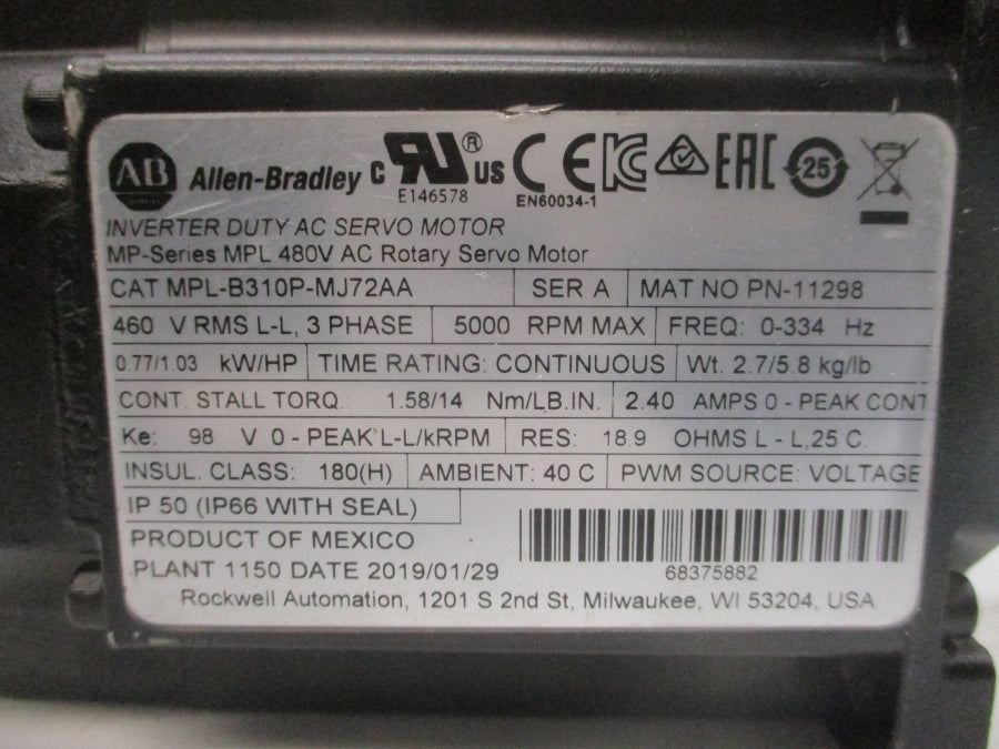 INDUSTRIAL SPARE PART MPL-B310P-MJ72AA SER. A 480VAC 2.40A NSNP